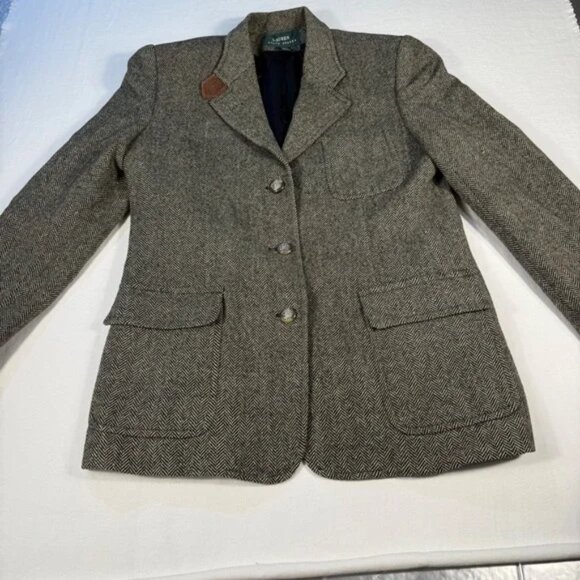Ralph Lauren wool Herringbone Blazer Equestrian 12 suede patches academia preppy - Picture 1 of 16